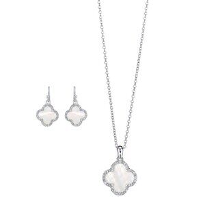 Avon Pavé Accents 4-Leaf Clovers Mother of Pearl Pendant & Pierced Earrings Set